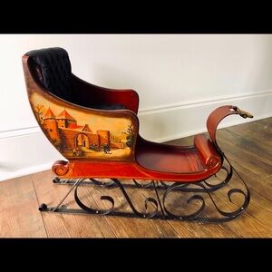 Victorian antique reproduction Wood & iron sleigh with painted scene.